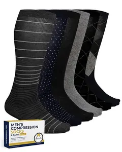 Pembrook Light Compression Socks - 6 Pairs For Men | 8-15 mmHg Cotton | Polkadots, Stripes, Argyle Designs