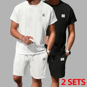 Men's Summer Casual Sports Suit 2-Piece texture Set Jacquard Texture Fabric Breathable Round Neck T-Shirt & Shorts Formal Tropical Man Top Suits Menswear Clothes Crewneck Shortsleeve  Suitable for daily leisure running tiktok shop deals gifts for him