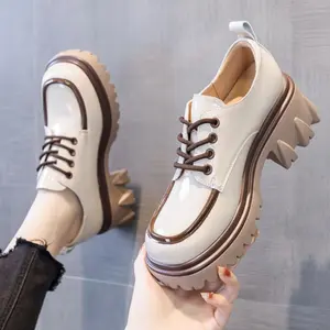 Women'S Stylish Chunky Heel Loafers - White with Brown Accents, Thick Sole, Lace-Up Design, All-Season Comfort Shoes, Casual Footwear |   Chunky Heel Loafers |   Laceup Shoe Girl Decor Bedroom Weight Dance Black