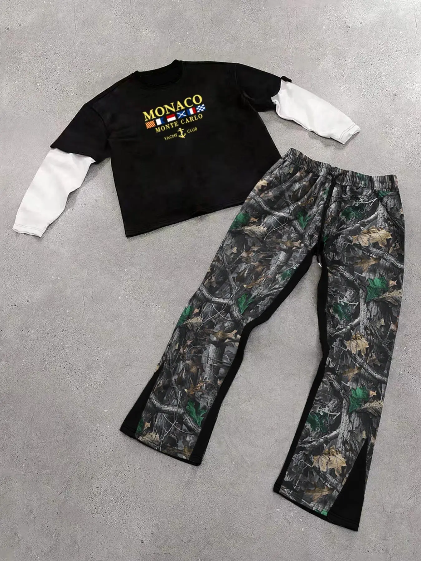 Men's 2-Piece Set Top, Monaco Pattern Mock Twinset, Knitted, Loose-Fit Wide-Leg Pants, Casual Daily Wear, Comfortable Long Sleeve Design, Outfit, Stretch