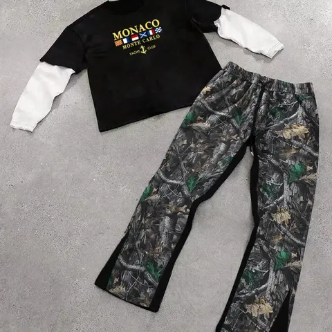 Men's 2-Piece Set Top, Monaco Pattern Mock Twinset, Knitted, Loose-Fit Wide-Leg Pants, Casual Daily Wear, Comfortable Long Sleeve Design, Outfit, Stretch