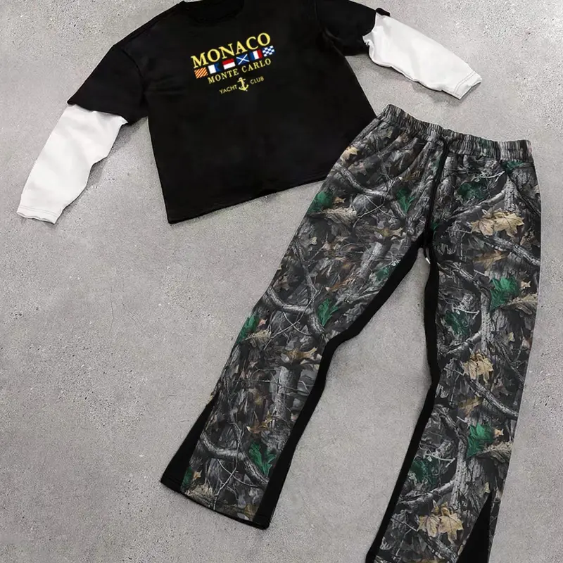 Men's 2-Piece Set Top, Monaco Pattern Mock Twinset, Knitted, Loose-Fit Wide-Leg Pants, Casual Daily Wear, Comfortable Long Sleeve Design, Outfit, Stretch