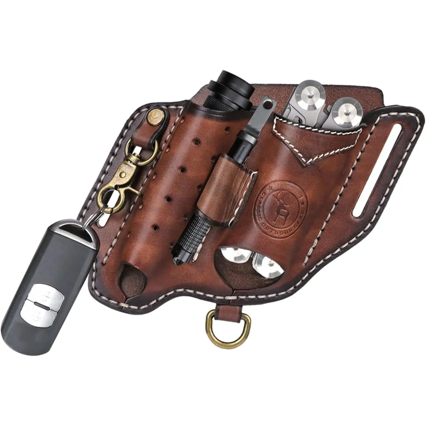 Handmade Leather EDC Multi-Tool Holster - 5.7x4.9 In Rectangular Clip-On Belt-Mounting Pouch for Men, Daddy, Boyfriend with Flashlight Slot, Pen Holder, Cross Draw Design, Everyday Carry Organizer