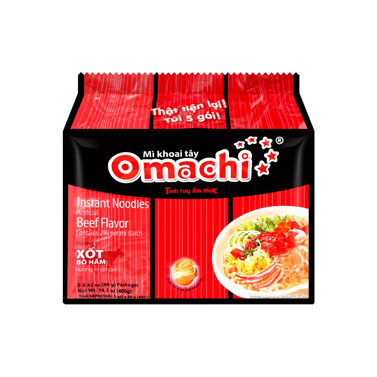 OMACHI Beef Flavor Instant Noodles - Vietnamese Pho Style Ramen with Potato Starch, 80g x 5 Packs
