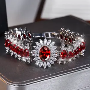 Luxury Women's Red Zirconia Inlay Cuff Bracelet for Bride Wedding Engagement Trendy Stack Bangle Gift Ready Sunflower Shape