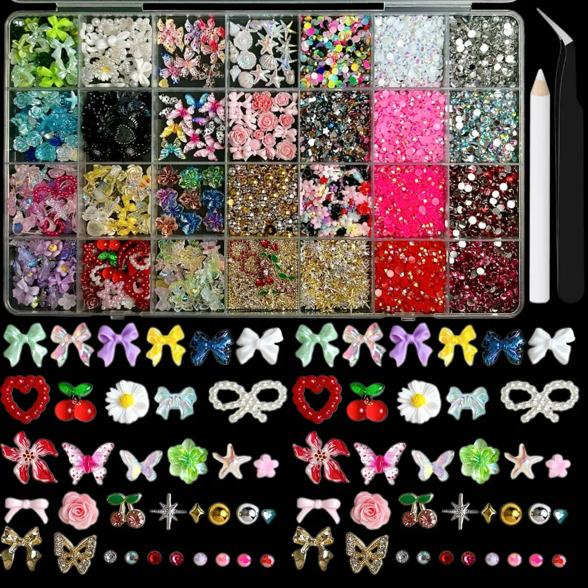 1Box 3D Multiple Style Colorful Bow Butterfly Heart Shell Resin Nail Charms Creative Simulatd Alloy Cherry Mini Rhinestone Mixed Nail Decoration Supplies Nail Art Decorations for DIY Nails Nail Art Design Nail Art Products