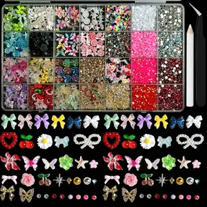 1Box 3D Multiple Style Colorful Bow Butterfly Heart Shell Resin Nail Charms Creative Simulatd Alloy Cherry Mini Rhinestone Mixed Nail Art Decorations for DIY Nails
