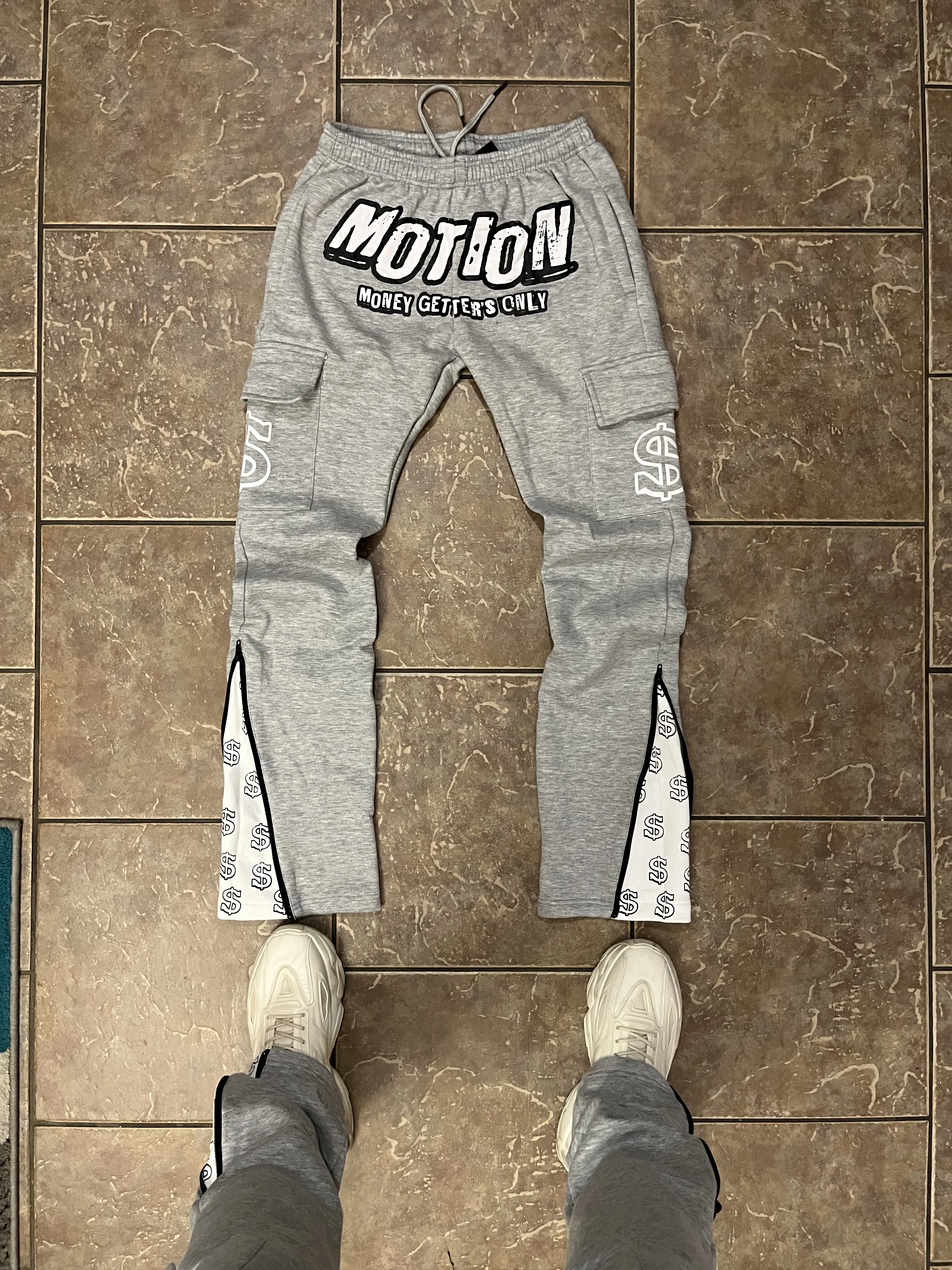 Gray Money Getter's Only Stacked Cargo Sweatpants-In premium Cotton Menswear Pockets Breathable Elastic Elegant Long Ribbed Day