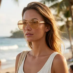 iKeely Eyewear gold double bridge sleek rectangular sunglasses, fitted with adjustable soft nose pads. Lenses offer full 100% UV protection. Chic metallic gold frame suits festivals, street fashion and daily wear for both men and women.