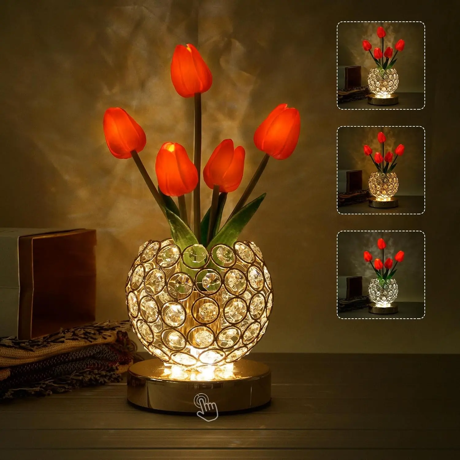Tulip Crystal Flower Touch Light, Rechargeable Wireless Table Lamp, 3 Color Dimmable Battery-Powered Nightlight, Gift for Mom