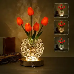 Tulip Crystal Flower Touch Light, Rechargeable Wireless Table Lamp, 3 Color Dimmable Battery-Powered Nightlight, Gift for Mom