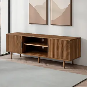 54.3" Mid century modern TV console with open shelves, fluted TV stand, television media cabinet for bedroom and living room