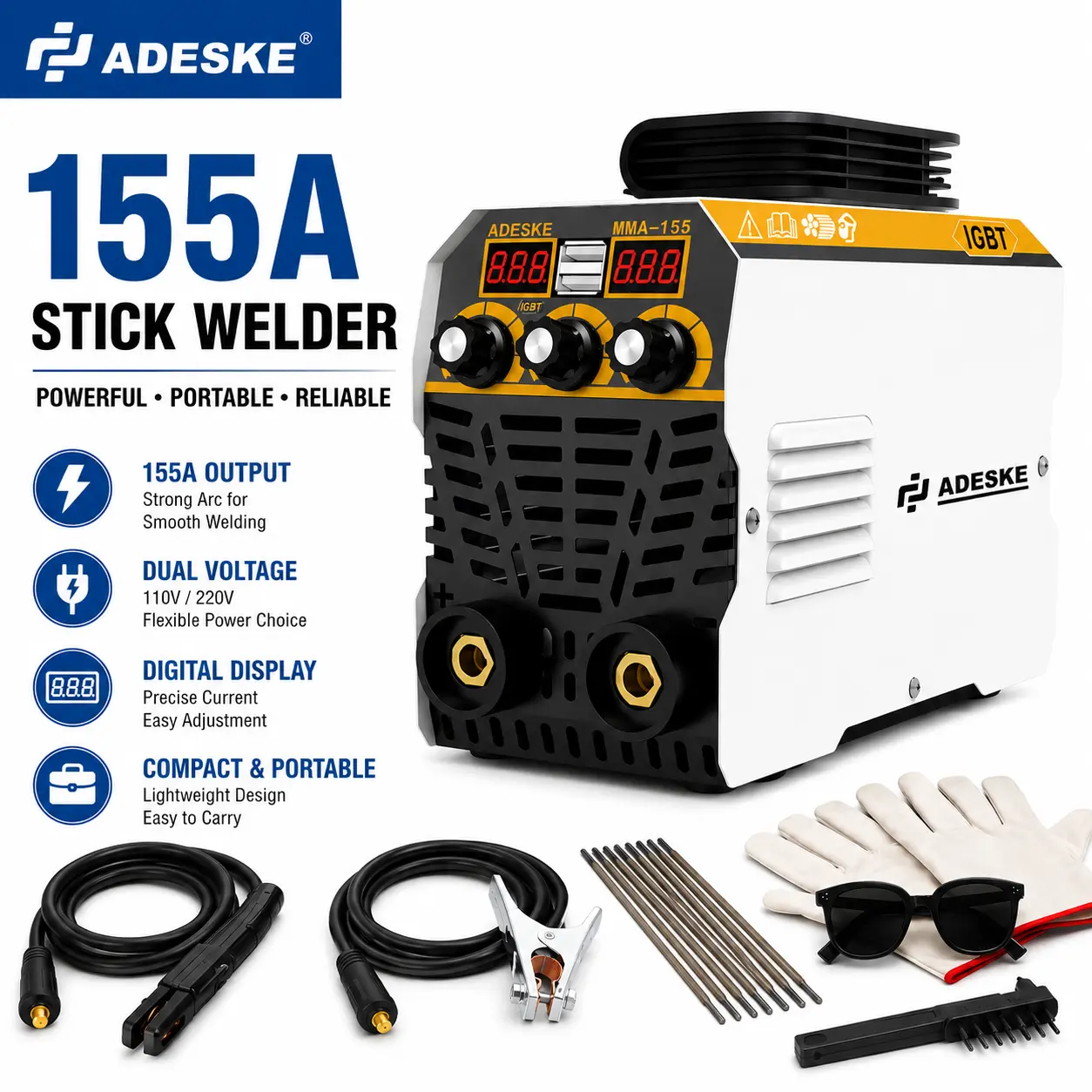 ADESKE Mini 155A Stick Welder, Portable MMA Arc Welding Machine, 110V/220V Dual Voltage, Digital Display, Complete Welding Kit for Home, DIY & Repair