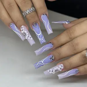 Strip & Flower Pattern Press on Fake Nail, 24pcs/set Rhinestone Press on Nails & Jelly Tape & Nail File, Elegant Stick on Nails Kit