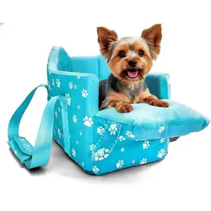 KDO  Center Console Dog Car Seat for Small Dogs Under 15lbs,Detachable Washable Booster Pet Car Seat Travel Bed with Storage Pockets and Seat Belt(Blue)