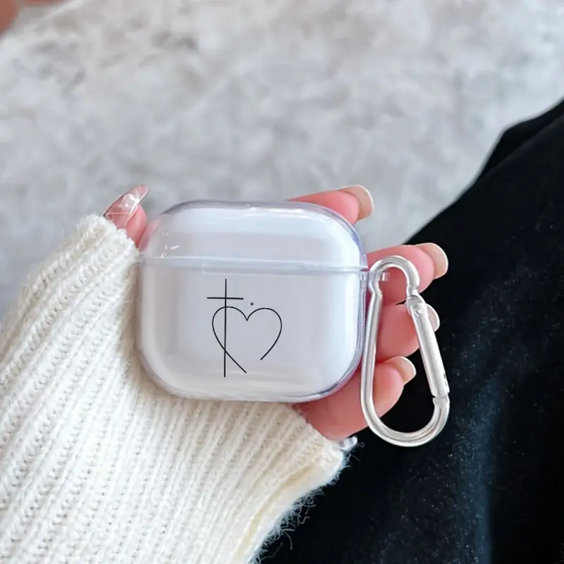 Cross and Heart Pattern TPU Soft Protective Case for Apple AirPods 4/3/2/1/Pro/Pro2 Transparent Earphone Cover with Keychain Attachment