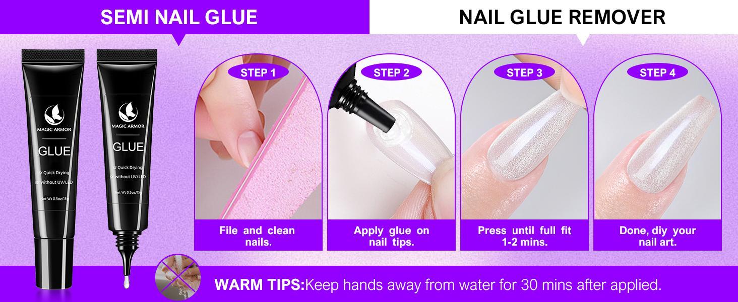Nail glue with glue remover kit, super strong nail glue 15g for acrylic nails press on nails, 15g glue to remove false nails, strong glue remover, nail polish manicure