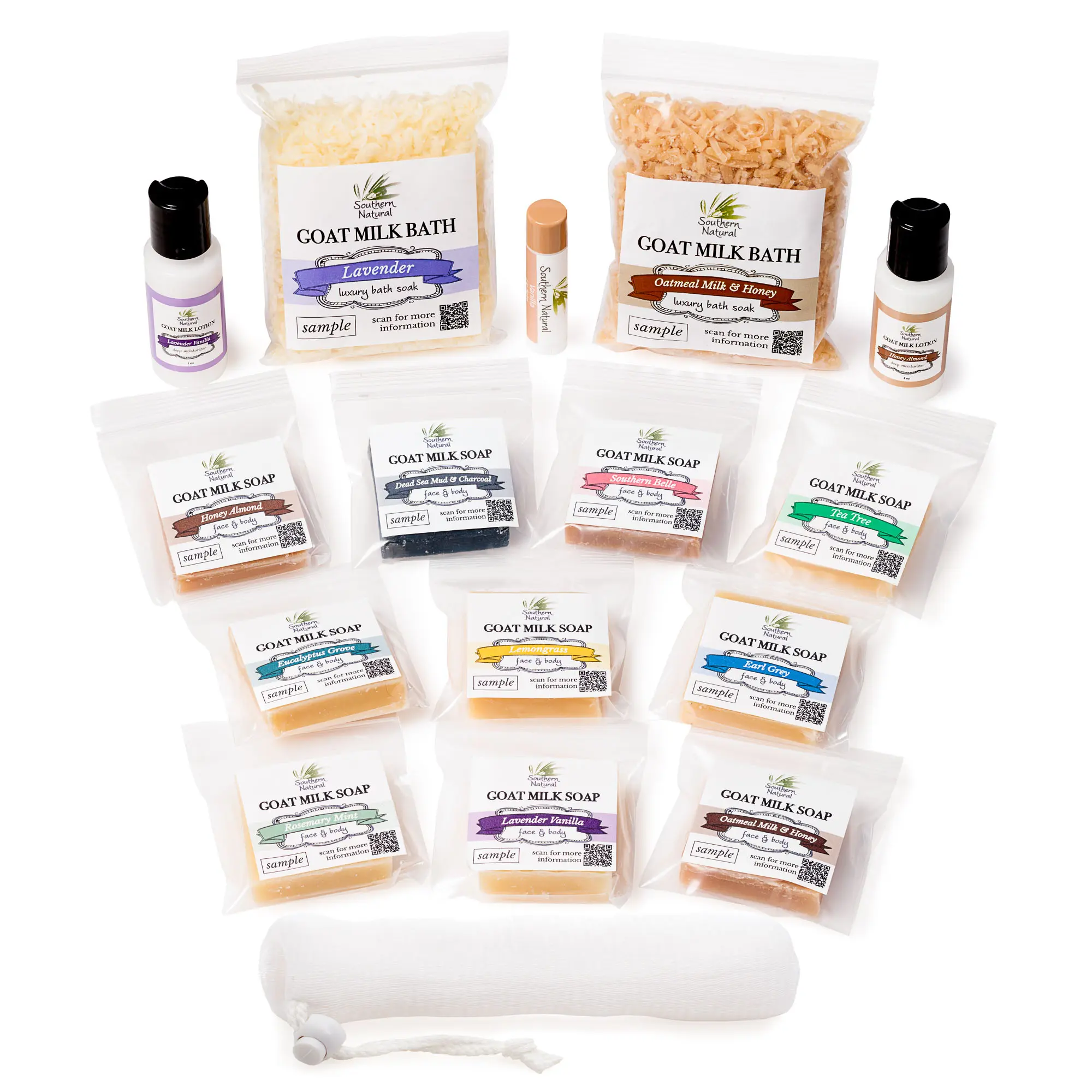 Southern Natural Skin Care Sample Set - Great For Dry, Sensitive Skin - Includes 10 Goat Milk Soaps, 2 Lotions, 2 Milk Bath, 1 Lip Balm & 1 Soap Saver Sock - Body Care - Skin Repair Scent Comfort Cosmetics