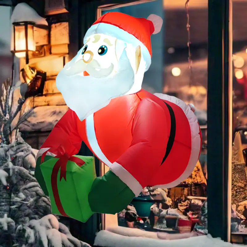 3.1 FT Christmas Inflatable Climbing Santa Claus with Green Gift Bag, Light-Up Door Decor, Outdoor/Indoor Holiday Decoration for Christmas Party (Santa Clause with Gifts Broke Out from Window)