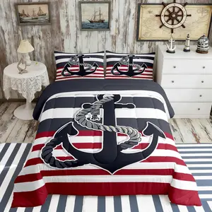 Feelyou Nautical Anchor Polyester Comforter Set - Black-Red Anchor Stripe Bedding, Abstract Geometric Sea Adventure Quilt, Multi-Size Travel-Ready Teens' Room Decor Bedding, Polyester Fabric