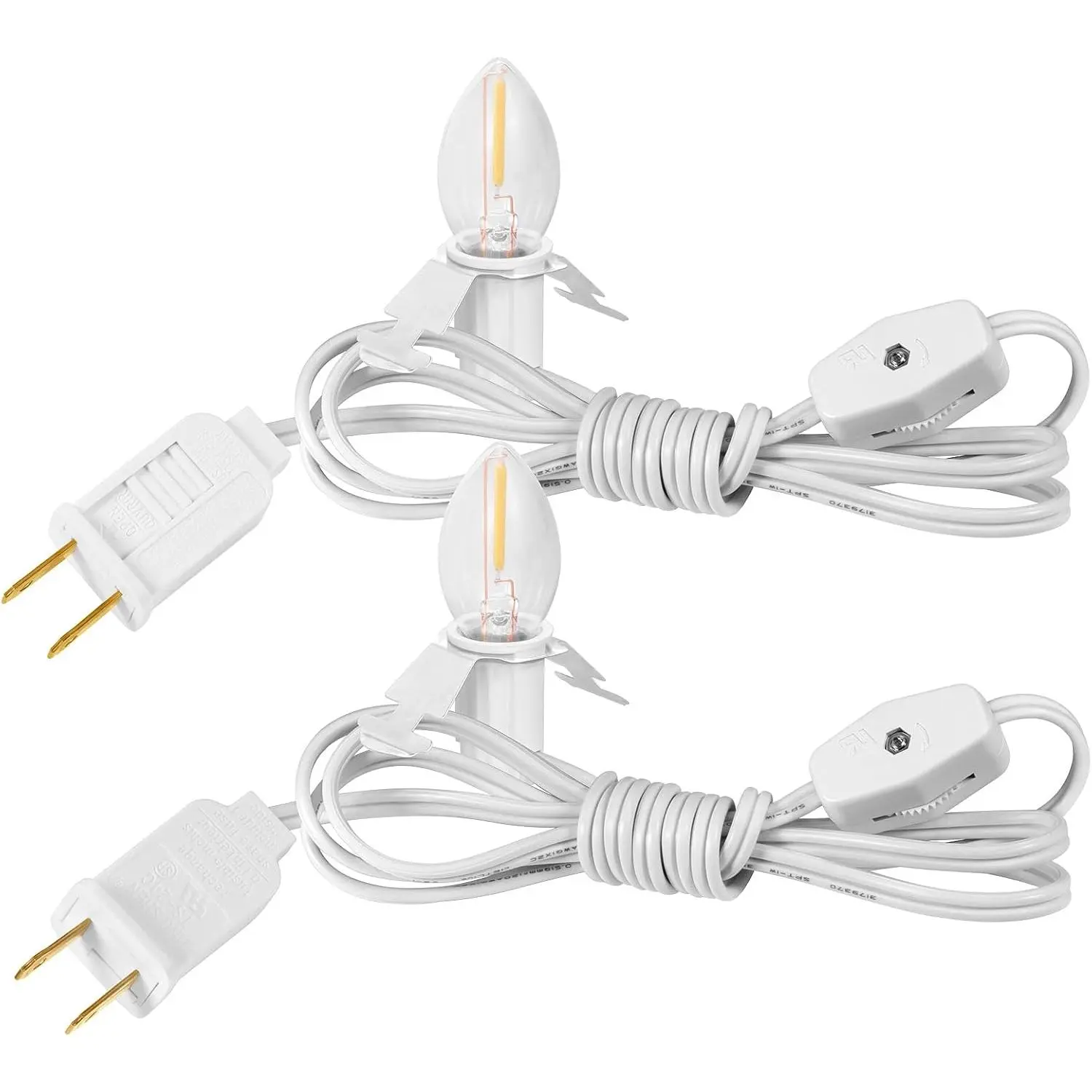 2 Pack Christmas C7 Accessory Cord with Light Bulb, E12 Light Socket Cord with On/Off Switch Plug, C7 Candelabra Light Bulbs for Christmas Village House, Pumpkin Lights, Holiday Decorations