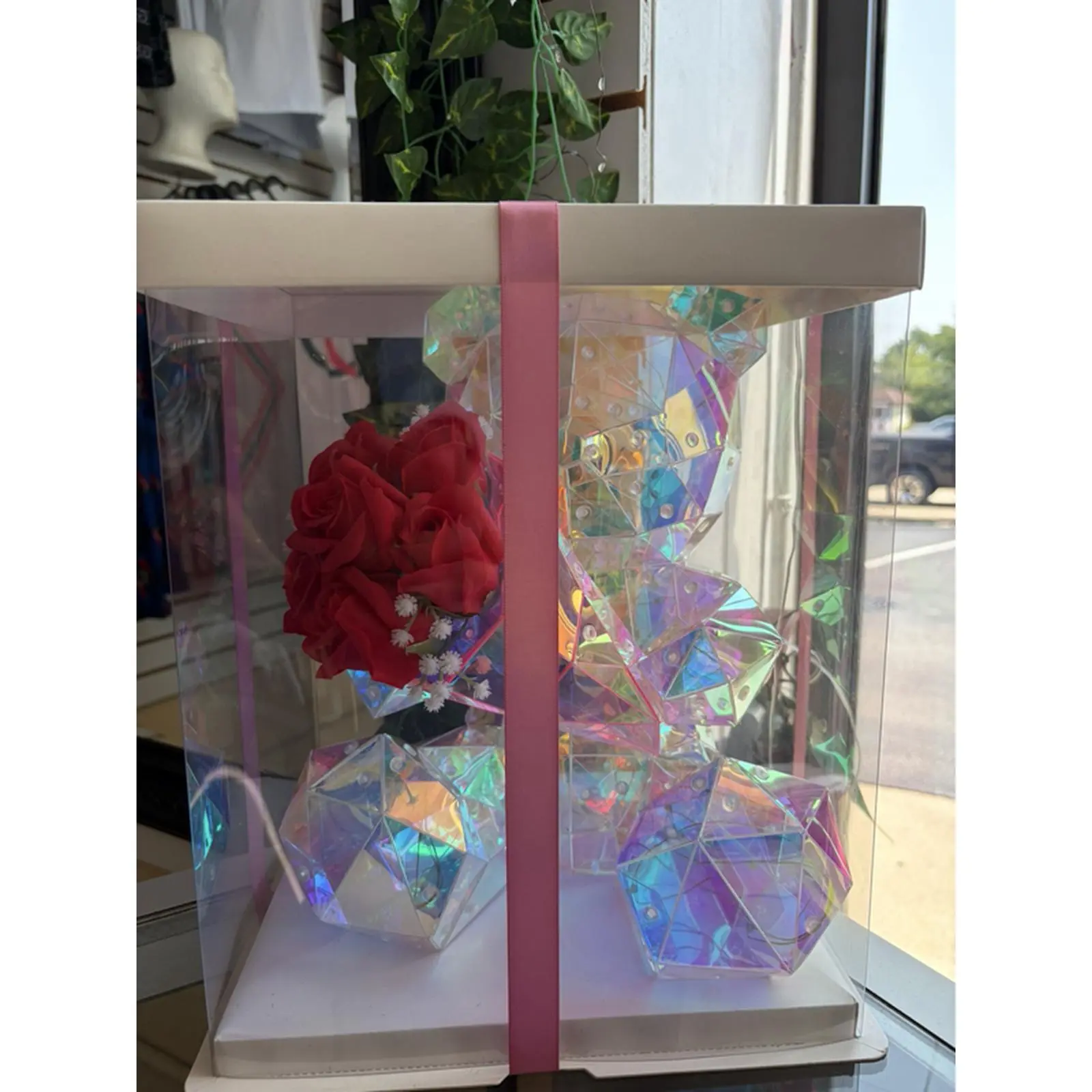 LED Gift Bear in Holographic Box with Red Roses and Pink Ribbon