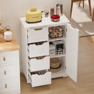 Gizoon Small Pantry Storage Cabinet with Door and Shelves, 33'' Kitchen Pantry Freestanding Wooden Bathroom Storage Cabinet with 4 Drawers for Kitchen and Dining Room, White, Painted