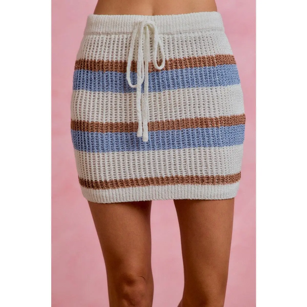 Striped Knit Sweater Skirt | Off White Blue Taupe | Drawstring | S-XL