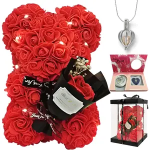 Romantic Valentine's Day Gift For Her Artificial Flower Rose Teddy Bear With Preserved Flowers Bouquet And Blind Box Pearl Necklace Birthday Gift For Wife Girlfriend Mom Women Mothers Day Home Decor