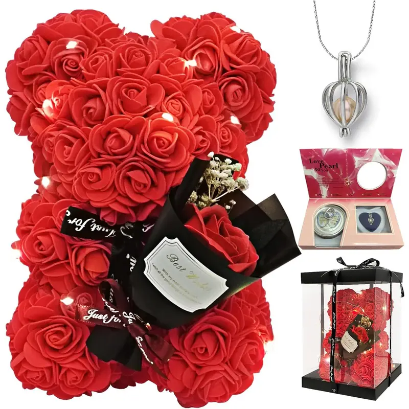 Romantic Valentine's Day Gift For Her Artificial Flower Rose Teddy Bear With Preserved Flowers Bouquet And Blind Box Pearl Necklace Birthday Gift For Wife Girlfriend Mom Women Mothers Day Home Decor