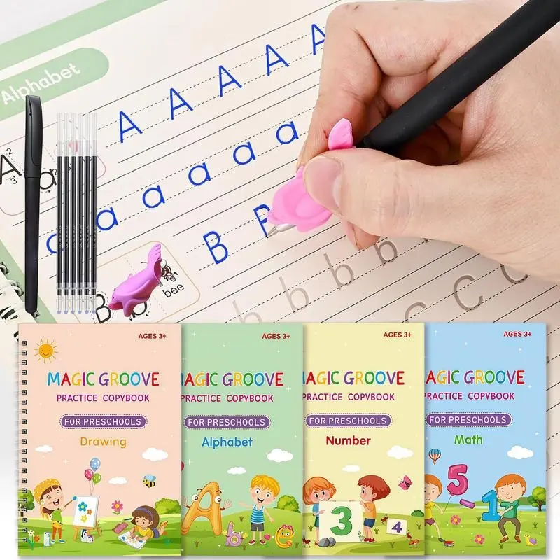 Magic Practice Copybook, Reusable Writing Magic Book, Grooved Handwriting Workbooks for Preschool Kids Age 3-8 ​Calligraphy (4 Books with Pens)