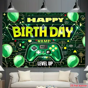 Custom Birthday Party Backdrop - Personalized Name & Level Up Design, Gaming Decorations - No Electricity Needed, Easy Hang Wallpaper-like Poster for Gamer Birthday Party Decor, Photo Booth Background - Durable Polyester Fabric, Birthday Party