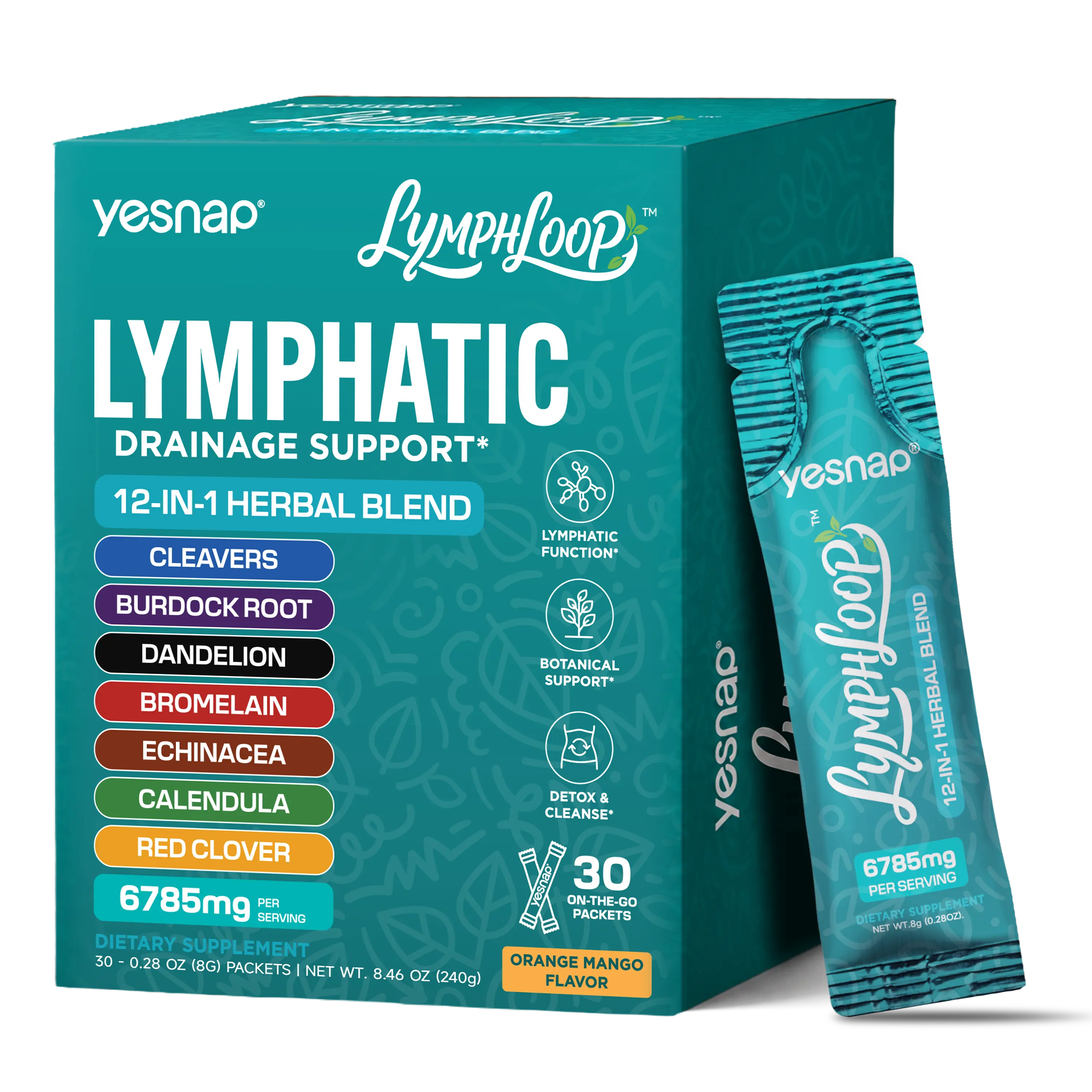 YESNAP Lymphatic Drainage Support – 12-in-1 Herbal Blend with Cleavers, Burdock Root, Dandelion & Echinacea, Debloat & Detox Drink, Sugar Free, Orange Mango, 30 Stick Packs