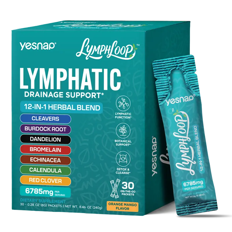 YESNAP Lymphatic Drainage Support – 12-in-1 Herbal Blend with Cleavers, Burdock Root, Dandelion & Echinacea, Debloat & Detox Drink, Sugar Free, Orange Mango, 30 Stick Packs