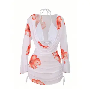 Three-Piece  Women's Floral Print Bikini Cover Up &  , Casual Long Sleeve Cover Up &   for Beach Holiday Vacation, Ladies Swimwear for All Seasons,  Cover Ups skirt  boxer short bottom  two-piece summer swimsuit one-piece clothing White tankini set