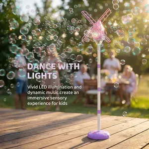 Automatic Windmill Bubble Machine, Music LED Colorful Lights, Adjustable Height, Includes 50ML Concentrated Bubble Liquid