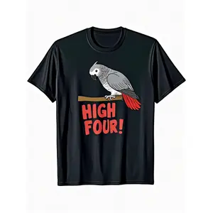 Men'S African Grey Parrot Graphic T-Shirt - Bold HIGH FOUR! Text - Soft Breathable Tee