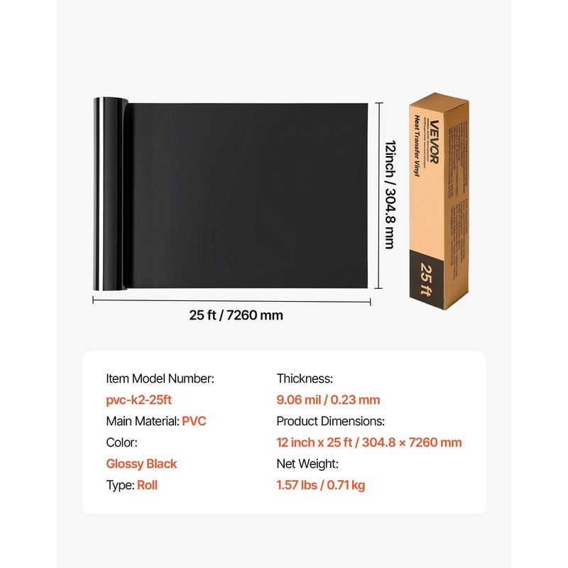 VEVOR Heat Transfer Vinyl, 12 in x 25 ft, Glossy Black HTV Iron on Vinyl Roll, Easy to Cut and Weed, Strong Adhesion, Compatible with Cutting Machines, for Various Materials, T-shirts, Pillows, Hats