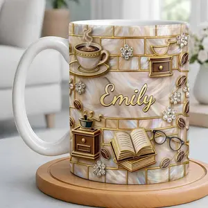 Custom Coffee Book Faux 3D Ceramic Mug, Book Lovers Coffee Mug, Reader Mug, Librarian Bookish Gift, Vintage Cup, Mother's Day Gift For Mom, 2D Flat Print Ceramic Cup
