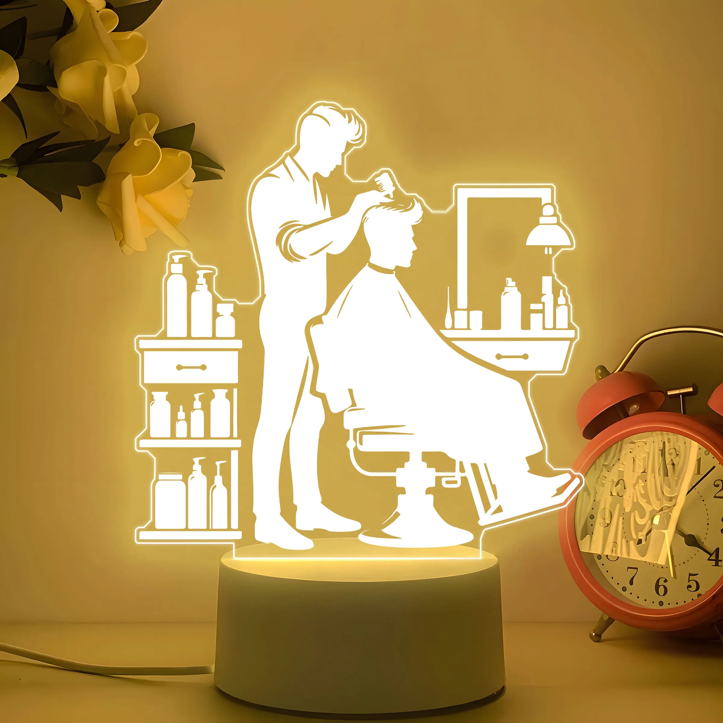 Acrylic Decorative Night Light, Barber Shop Scene, Ideal Gift for Barbers, Warm Color USB Power, Christmas Gift, Perfect Salon Decoration Lamp