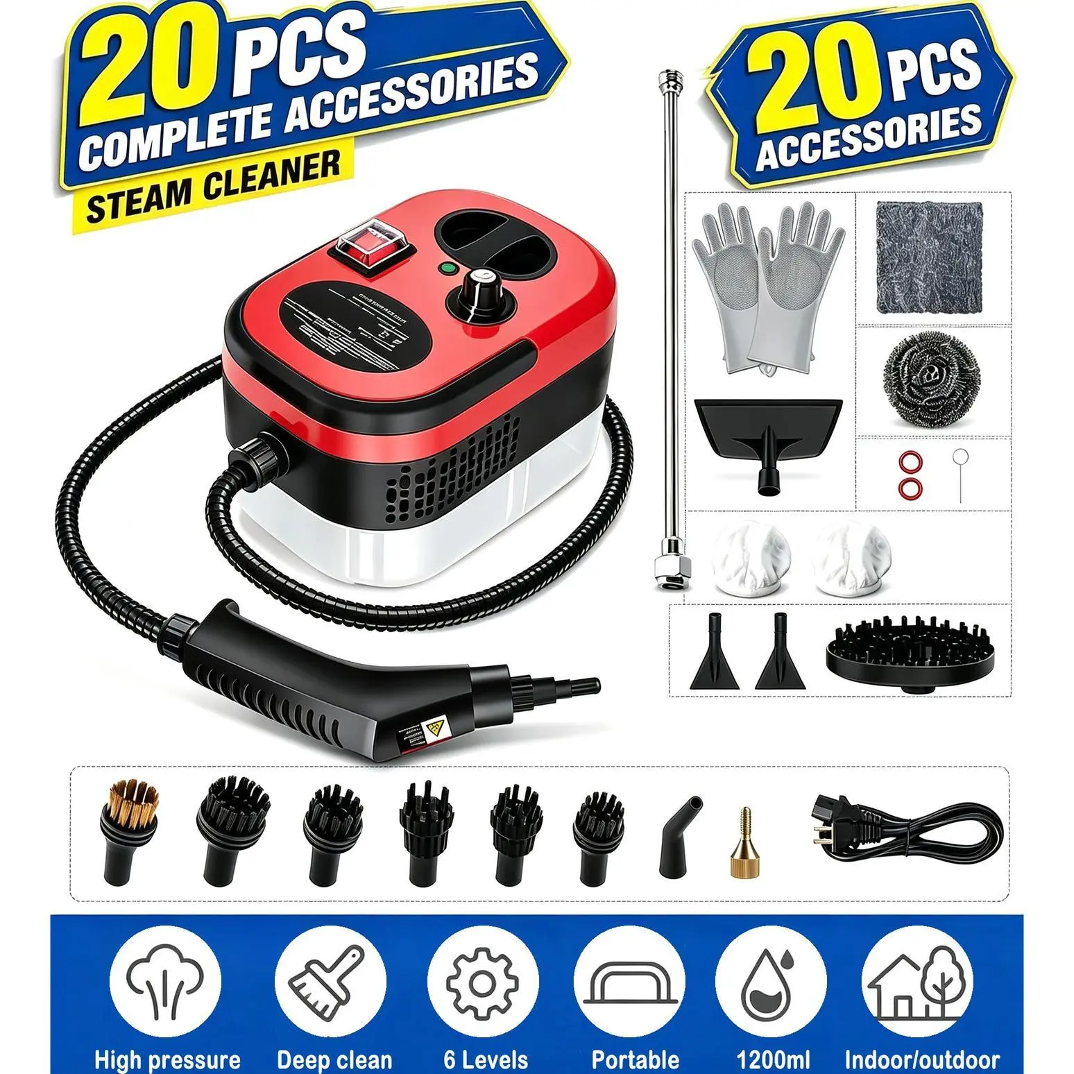 Red Pressurized Handheld Natural Steam Cleaning Machine with 20pcs Accessories Including 4 Round Brushes,1200ml Water Tank,6-Level Adjustable, Multi-Surface Steamer for Housekeeping, Cleans Kitchen, Home and Car