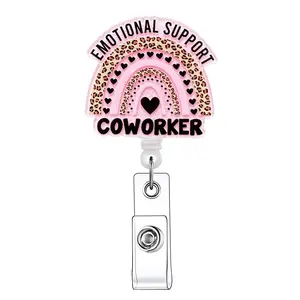 Emotional Support Coworker Badge Holder, 1 Count/20pcs Retractable Badge Reel, Acrylic ID Holder with Clip for Nurses, Doctors, Students & Office Staff