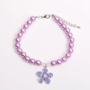 Dog Cat Pearls Collar Necklace with Rhinestones Flower Charm Pendant Pet Puppy Jewelry Accessory (Purple, Small)