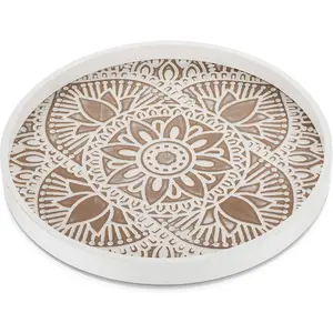 Decorative Round Serving Tray, Farmhouse Boho White Mandala Trays for Coffee Table Living Room Kitchen Bathroom Decor Display