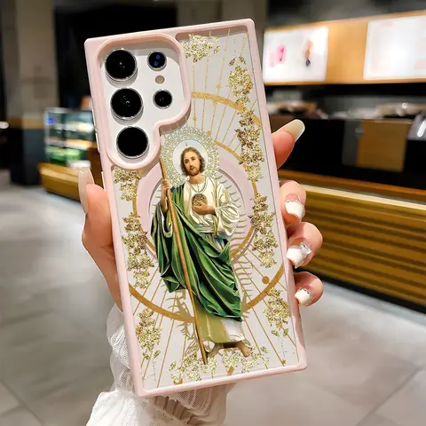 San Judas Pattern MagSafe-Compatible Magnetic Silicone Cellphone Case - Shockproof Bumper Casing, Wireless Charging Support, Catholic Protection Accessory for Samsung S26 S25 S24 S23 S22 Ultra Plus FE Handheld Devices