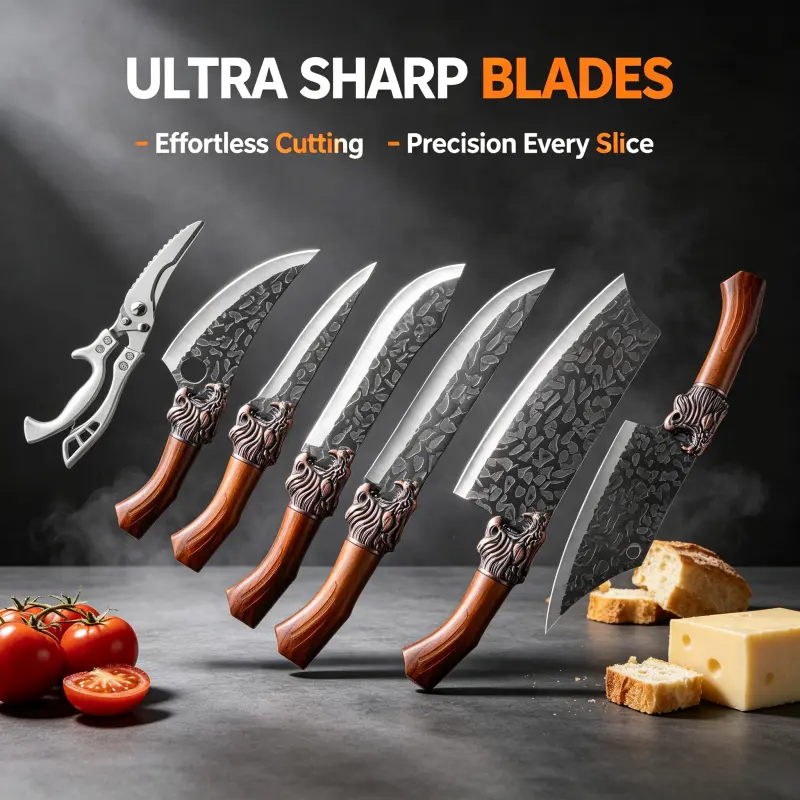 BIEZUMN 7pcs Professional High-Quality Kitchen Chef Knife Set with Ultra-Sharp Scissors, Multi-Purpose Tools for Fast Food Processing and Cutting, Ideal for Chefs, Knives