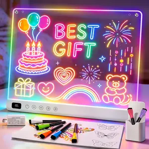 Cosmody Rechargeable LED Drawing Board for Kids, Large 16" Light Up Drawing Pad with 8 RGB Colors & 6 Dynamic Modes, Neon Art Dry Erase Board with Tracing Book & 7 Markers,Creative Gift for Girls Boys