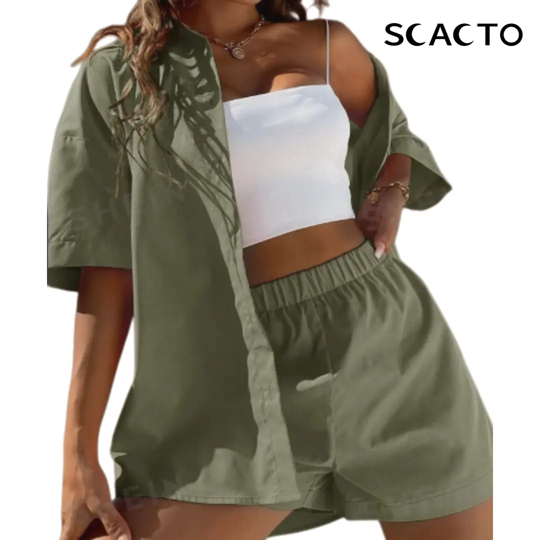 Scacto Women's Basic 2-Piece Solid Polyester Outfit, Minimalist Drop Shoulder Shirt and Shorts, Summer Casual Fashion Set, Tops, Fabric