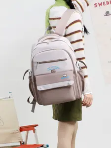 1pc Color blocked letter backpack with zipper closure, Secured main compartment, and multiple compartments for layered storage, the spine protection shoulder strap is suitable for students, school, shopping, and women's backpack