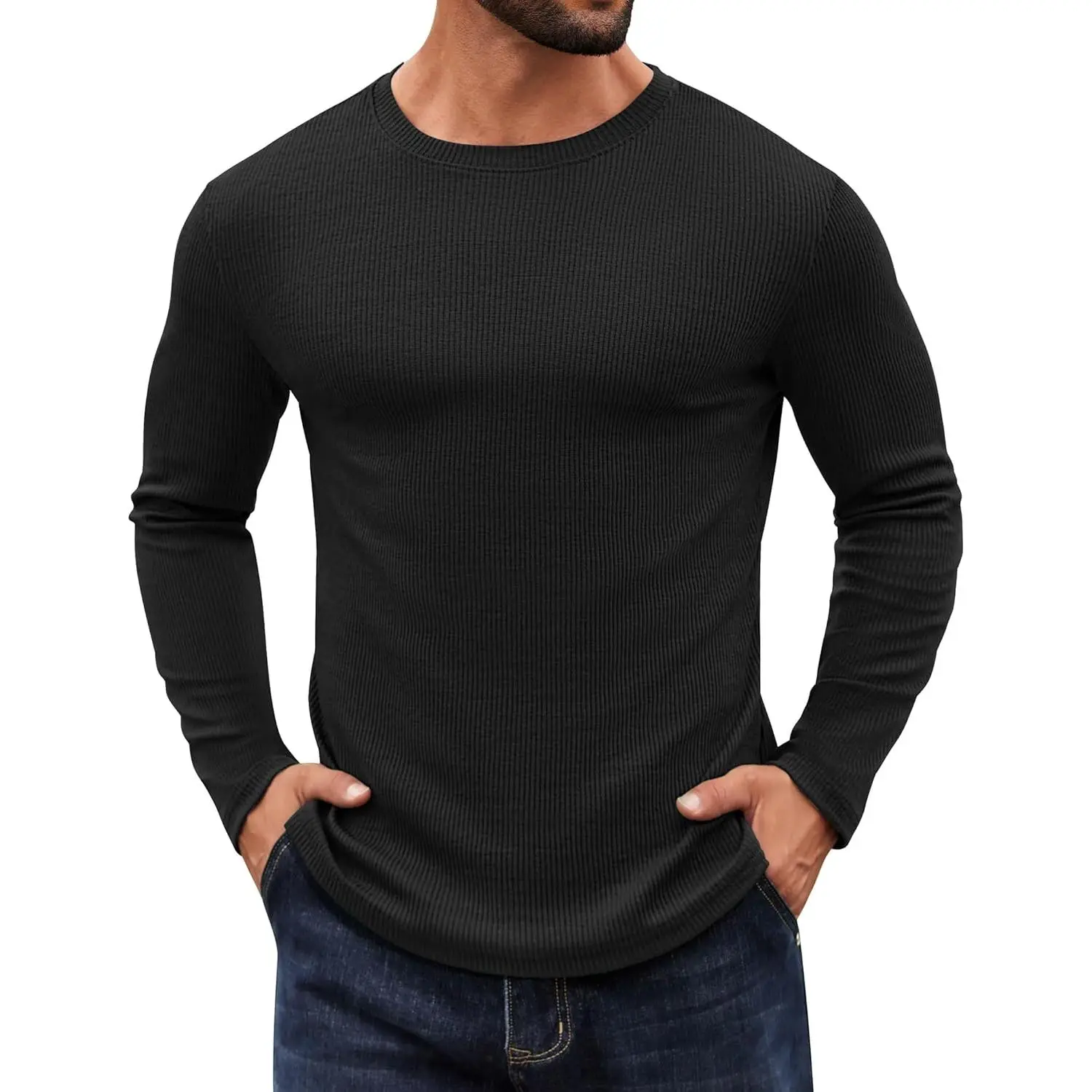 Men's Slim Fit Long Sleeve Crewneck Pullover Sweater - Ribbed Knitted Lightweight Menswear Top, All Black, Casual